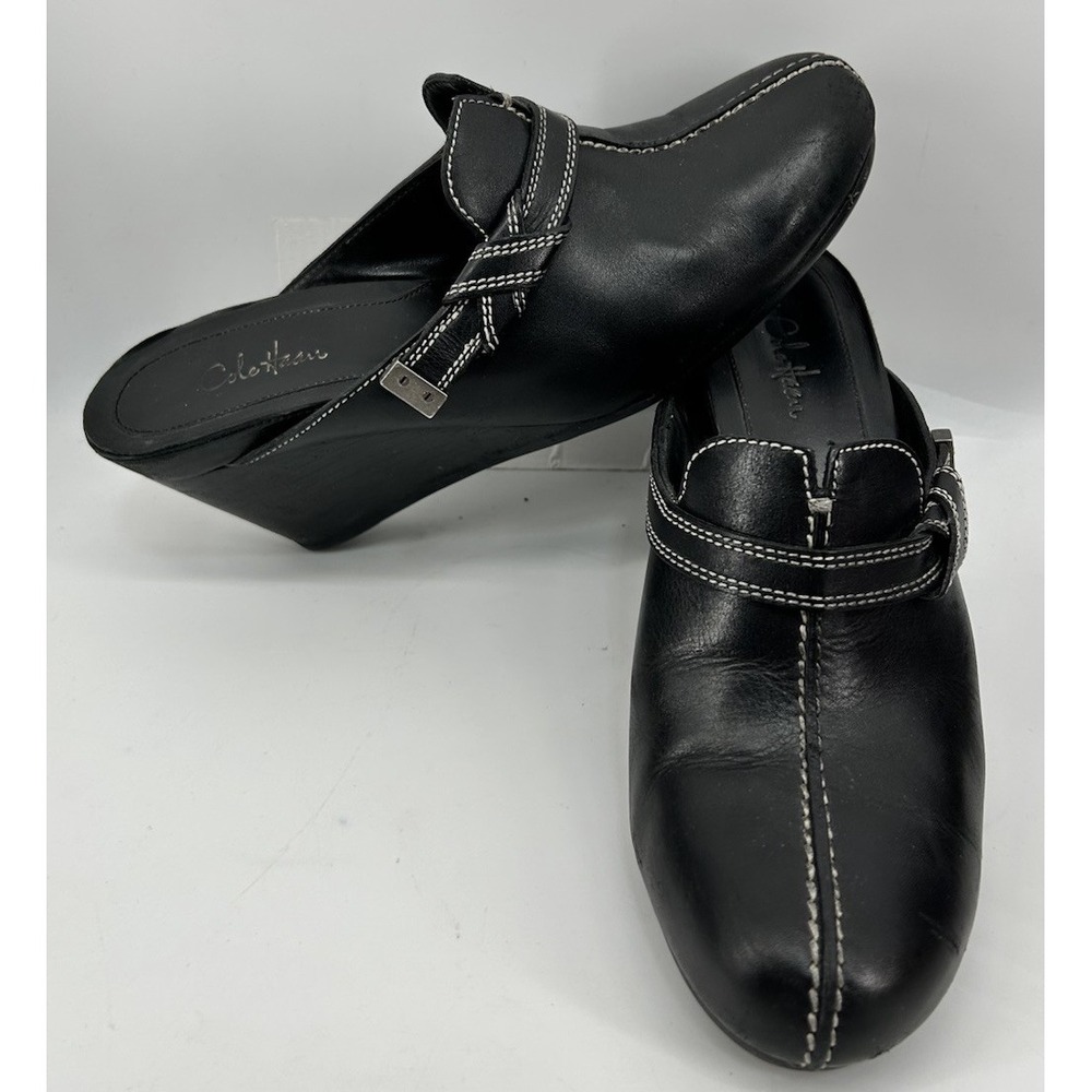 Cole Haan Black Leather Closed Toe‎ Wedge Mule Slip On Women's Size 8.5B
